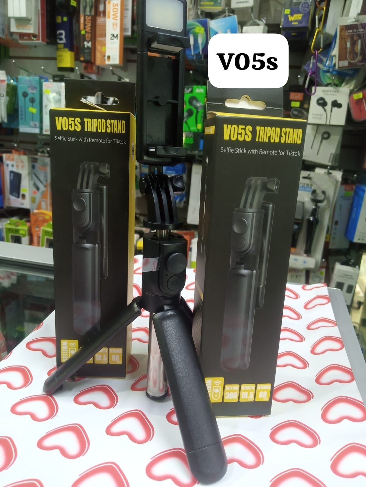 tripode stand palo selfie caja negra con amarillo