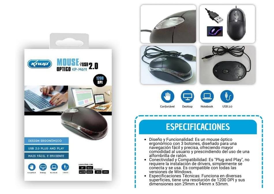 mouse optico knup economico usb 2.0 7898953501308 kpm611