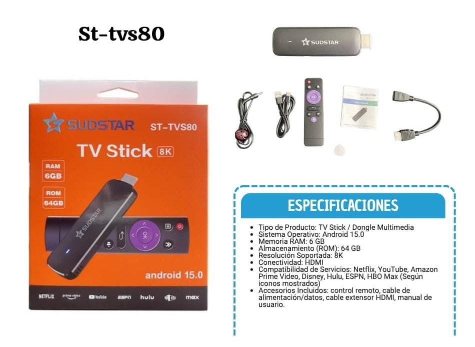 tv stick 8k sttvs80 android 15 6gb ram 64gb rom hdmi