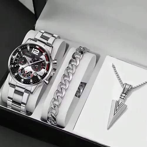 reloj plateado con accesorios