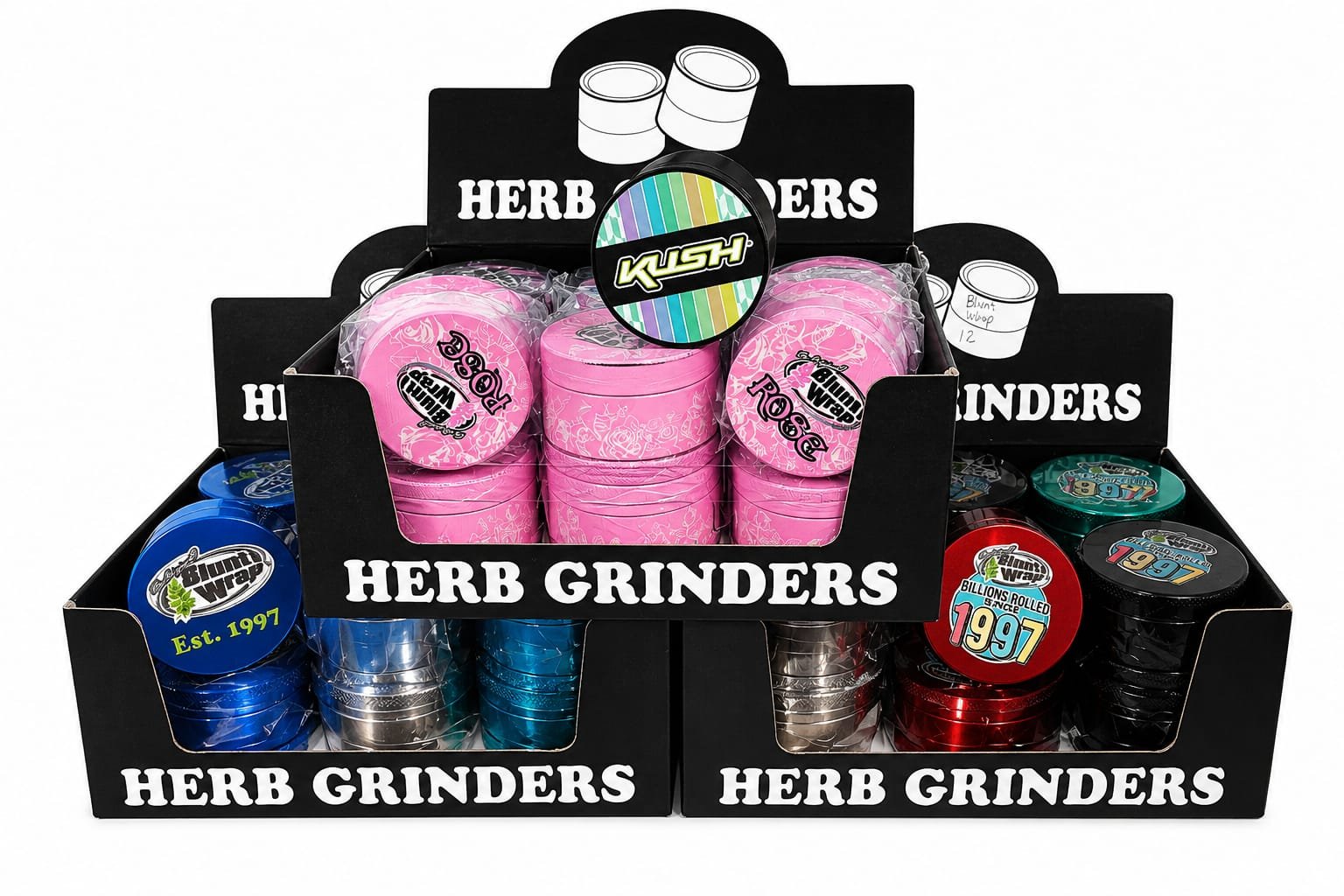 grinder metalico kush, rose black, rose pink, blunt wrap