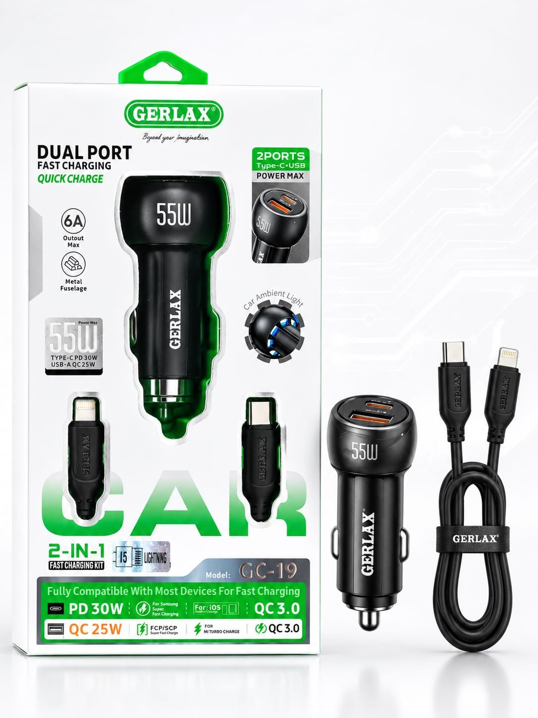 cargador de auto gerlax dual port gc19 lighting