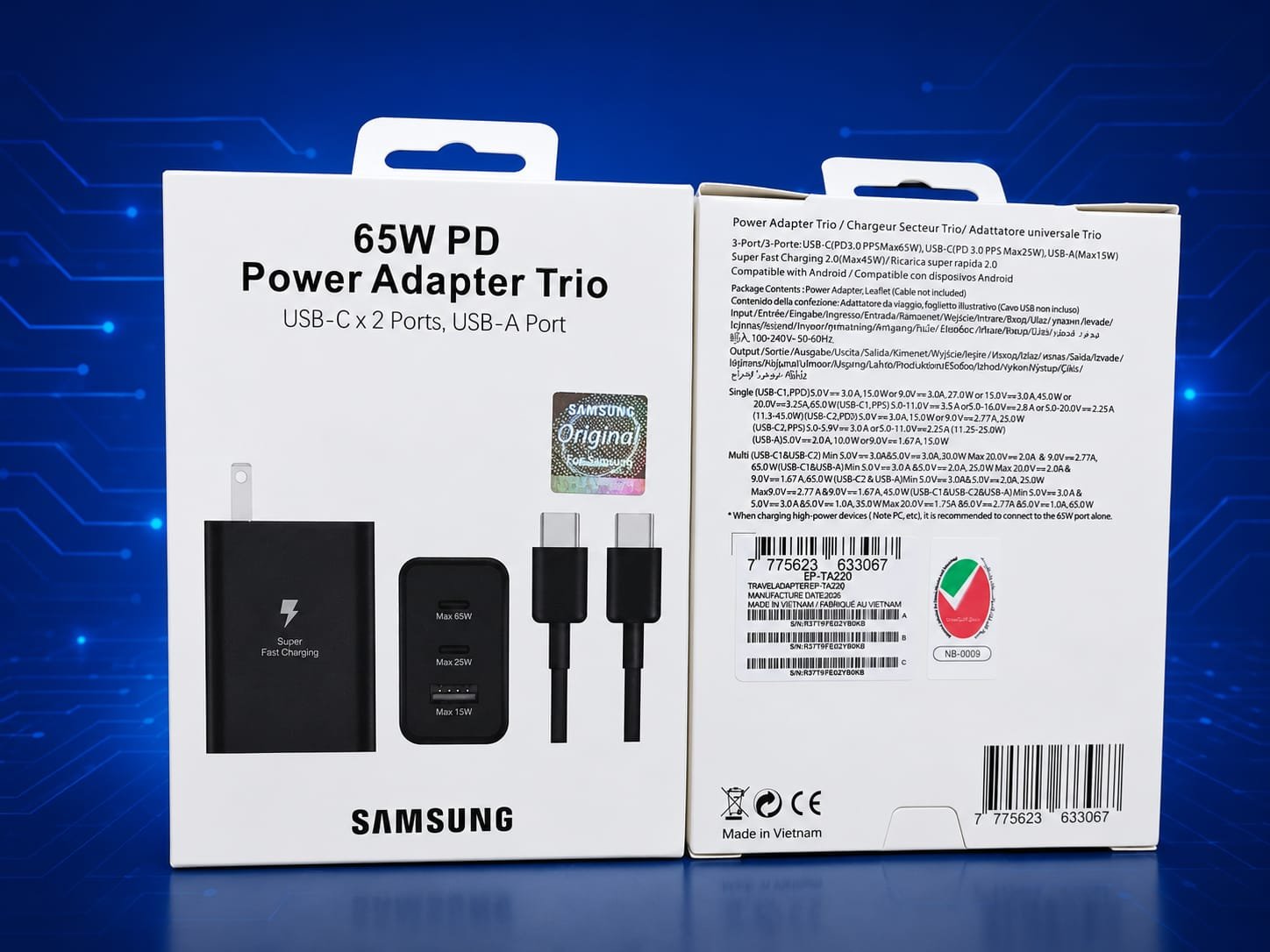 epta220 65w pd power adapter trio 3 entradas 2 tipo c 1 usb